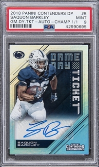 2018 Panini Contenders Draft Picks Game Day Ticket Saquon Barkley Signed Rookie Card (#1/1) – PSA MINT 9